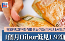 1個月Hibor「5連跌」低見1.92厘 專家料反彈空間有限 倘定存息有3厘以上可出手