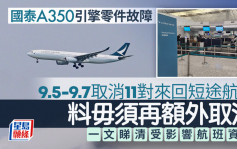 国泰A350航机零件故障  9.5-9.7额外取消11对来回短途航班（附航班资讯）