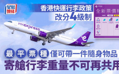 HKexpress香港快运｜行李政策改分4级 最平票种仅可带一件随身物品上机