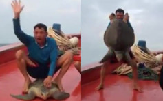 不尊重生命 越南漁民騎海龜振臂高呼惹眾怒