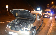 沙田私家車先撞壆後車頭著火無人傷