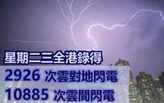 天文台：全港錄得2926次雲對地閃電及10885次雲間閃電