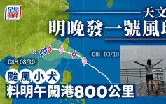 颱風小犬｜天文台料明午闖800公里範圍  明晚發一號戒備信號