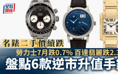 名表二手价续跌 劳力士7月跌0.7% 百达翡丽跌2.3% 盘点6款逆市升值手表