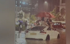 世紀暴雨︱洪水圍困汽車拋錨  男女爬車頂撐傘對坐談天  網民 : 雨中的浪漫
