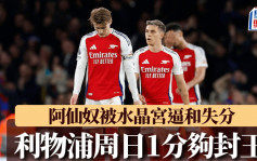 英超｜阿仙奴2:2水晶宮 槍手失分造就利物浦周日1分夠封王