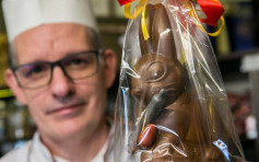 匈牙利甜品店制朱古力复活兔手持疫苗鼓励接种