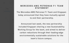 F1｜平治終止與Kingspan的贊助關係