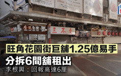 旺角花园街巨铺1.25亿易手 分拆6间铺租出 李根兴：回报高达6厘