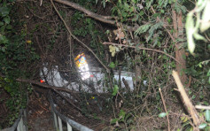 沙田私家车撞毁路牌铁栏 冲落山坡司机失踪