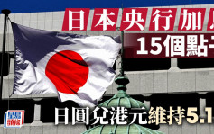 日本央行加息15个点子 日圆兑港元维持5.1算