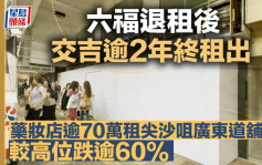 六福退租后交吉逾2年终租出 药妆店逾70万租尖沙咀广东道铺 较高位跌逾60%