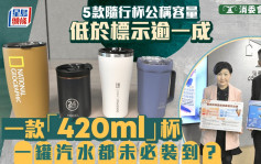 消委会随行杯︱5款随行杯公称容量低于标示逾一成 「420ml」杯随时装唔晒一罐汽水？