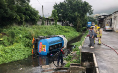 锦上路运油车失控翻落河