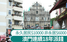 澳門連續第18年派錢 明年永久居民每人10000元 非永久居民派6000元