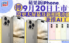 蘋果新iPhone傳9月20日上市 設更大屏幕及新相機功能 兼推AI工具