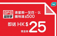 【維港會】屈臣氏購物滿$500 EPS付款送即$25現金券