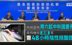 内地宣布周六起中秋国庆长假 乘飞机搭高铁等需48小时阴性核酸证明