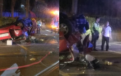 葵青交汇处4车连环相撞 的士四轮朝天司机一度被困