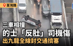 荃湾路三车相撞 的士「反肚」司机伤 出九龙全线封交通挤塞