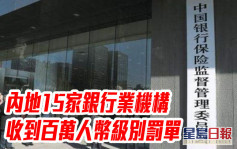 內地15家銀行業機構收到百萬人幣級別罰單