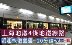 上海地鐵4條地鐵線路明起恢復營運 20分鐘一班