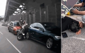 車CAM直擊｜中環的士撼電單車釀3車串燒 外賣員被撞飛倒地