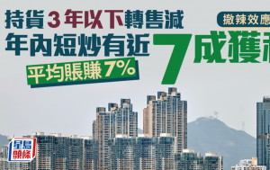 撤辣效應消退 持貨3年以下轉售減 年內短炒有近7成獲利 平均賬賺7%