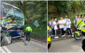 西沙路往西貢方向兩校巴輕貨相撞3人傷 學生企滿路旁待援