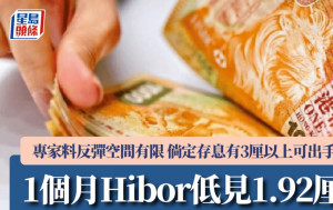 1個月Hibor「5連跌」低見1.92厘 專家料反彈空間有限 倘定存息有3厘以上可出手