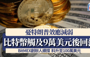 比特幣觸及9萬美元後回落 憂特朗普效應減弱 BitMEX創辦人續撐 料升至100萬美元