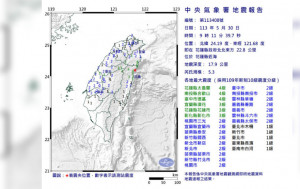 台灣花蓮近海淺層3連震  最大5.3級台北有震感