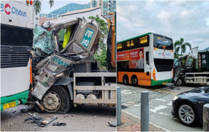 將軍澳環保大道泥頭車撼巴士 車頭乘客位淪廢鐵 司機險死一度被困