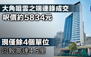 大角咀雲之端連錄成交 呎價約5834元 現僅餘4個單位 回報高達4.5厘