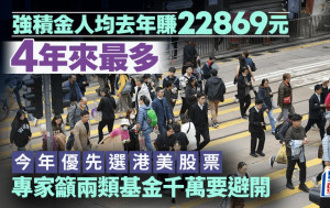 強積金人均去年賺22869元 4年來最多 今年優先選港美股票 專家籲兩類基金千萬要避開