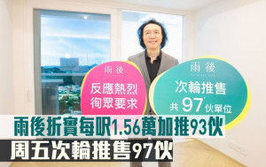 熱辣新盤放送｜雨後折實每呎1.56萬加推93伙 周五次輪推售97伙
