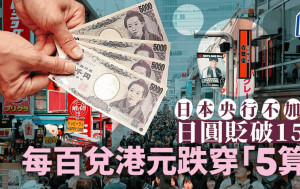日本央行不加息 料寬鬆金融環境持續 日圓貶破156 每百兌港元跌穿「5算」
