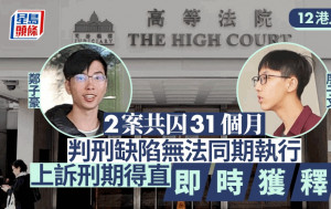 12港人案｜鄭子豪廖子文2案共囚31個月 判刑缺陷無法同期執行 上訴刑期得直即時獲釋