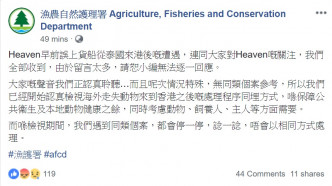 渔护署称认真检视海外走失动物来到香港之后的处理程序及方式。facebook图片