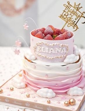 生日会布置以粉红色为主，连生日蛋糕也是。