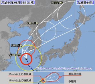 强台风「苏力」会移向朝鲜半岛一带。日本气象厅图片