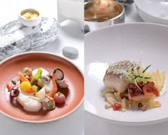 巴黎海鮮名店，食肆「Rech by Alain Ducasse」法國菜餐廳。圖為鱈魚配香蒜蛋黃醬（左），鱈魚伴以鮮蝦、翡翠螺、蜆及烚蛋等。