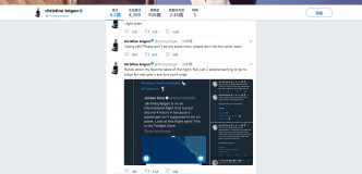 美国名模泰根（Chrissy Teigen）在社交网站Twitter质疑全日空航空的做法。（Twitter图片）