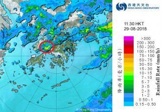 雷达图像显示，汀九附近出现水龙卷时，该区雨势较大（红圈）。天文台