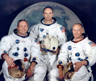 1969年3月30日，阿波罗11号登月任务太空人，左起：杭斯朗（Neil Armstrong）、柯林斯（Mike Collins）、艾德灵（Buzz Aldrin）（NASA）