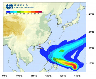 热带气旋较大机会在菲律宾转向往东北移动。热带气旋路径概率预报