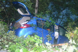 私家车冲落5米下山坡，被树丛挡著去路，减去冲力。