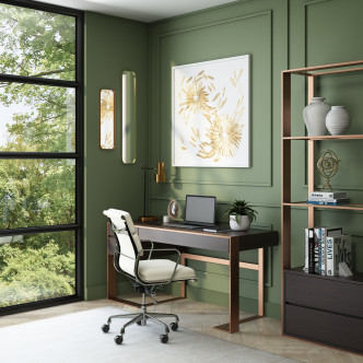 同樣以黃銅啞光飾面設計的Kennedy辦公桌及Podium書架，不單使你的家居工作間更富時尚都市氣息。