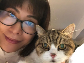 宣萱晒与8岁花猫「Ding Ding」的合照。