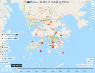 「香港及珠三角洲区域自动分区天气预报」，预测长洲下午2时升上36度。天文台截图